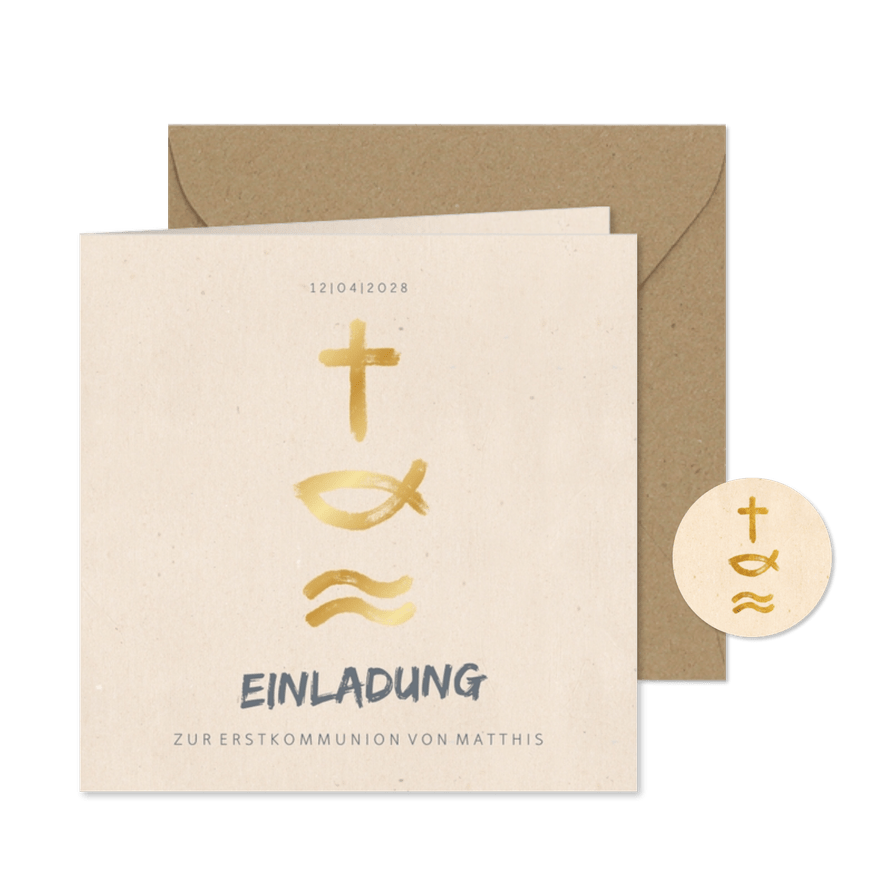 Einladung zur Kommunion Symbole in Gold - Karteneindruck