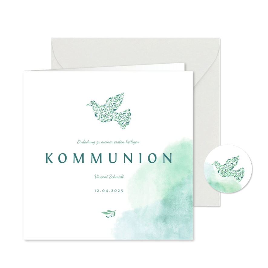 Einladung zur Kommunion Taube botanisch Wasserfarbe - Karteneindruck
