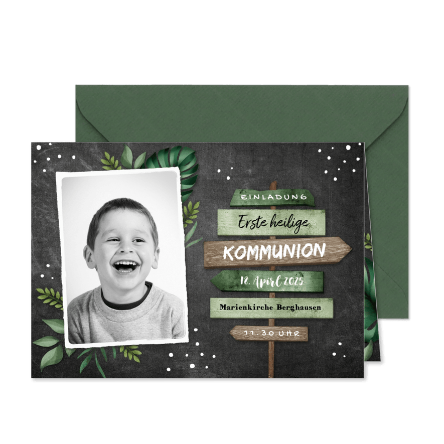 Einladung zur Kommunion Wegweiser & Foto Kreidetafel - Karteneindruck