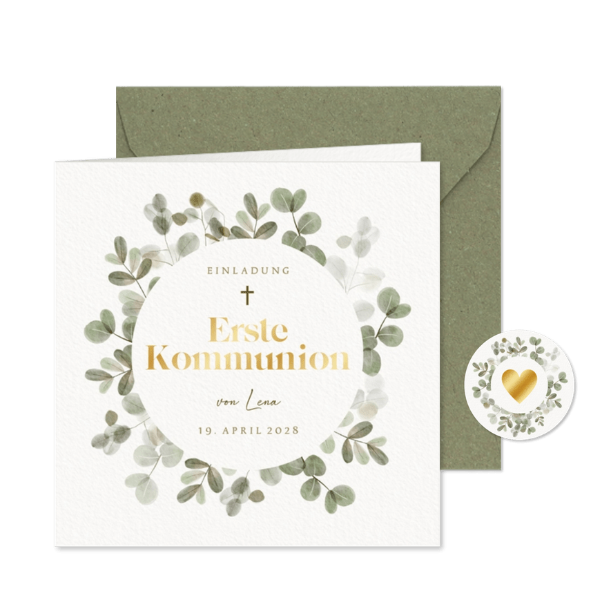 Einladung zur Kommunionsfeier Eukalyptuskranz & Goldlook - Karteneindruck
