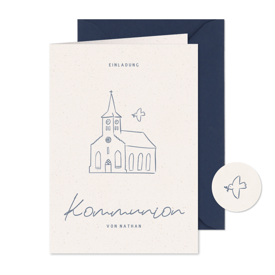 Einladung zur Kommunionsfeier Kirche & Taube - Karteneindruck