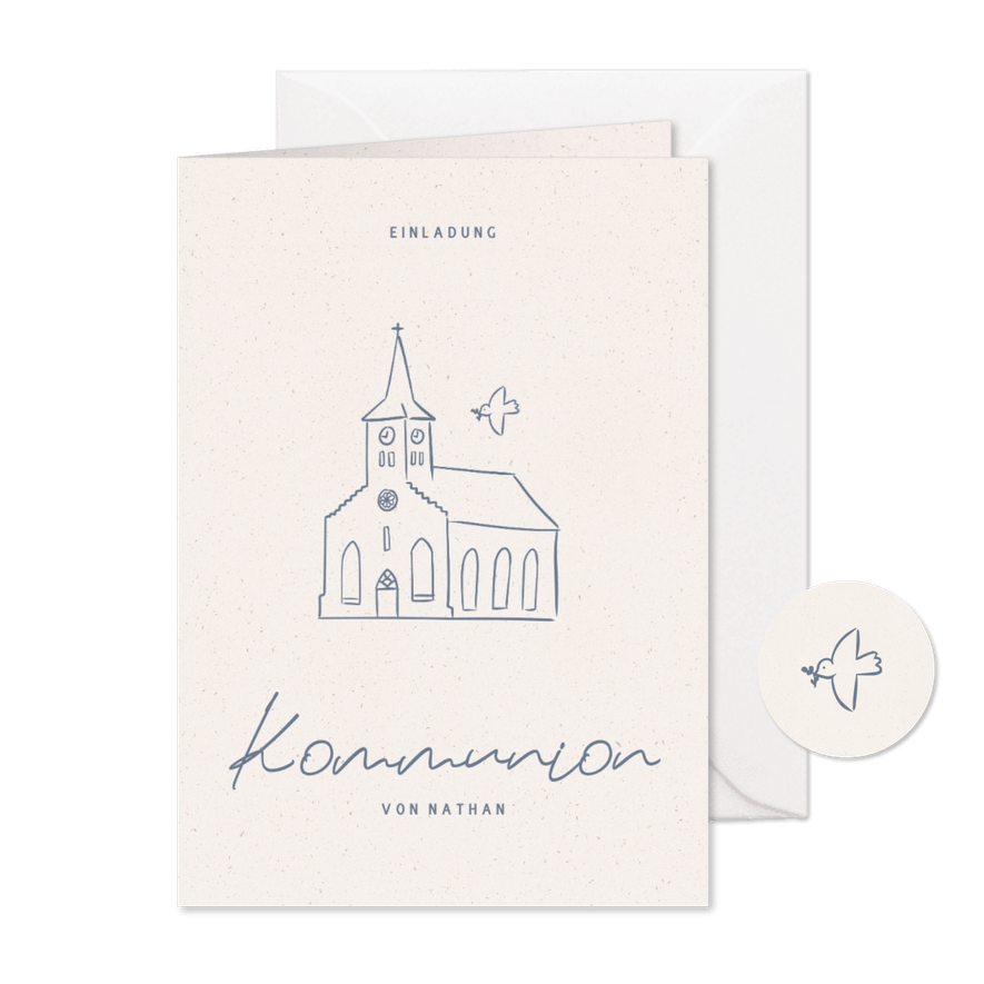 Einladung zur Kommunionsfeier Kirche & Taube - Karteneindruck
