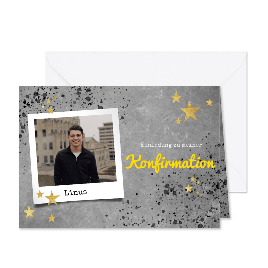 Einladung zur Konfirmation Betonlook, Foto und Sterne - Karteneindruck