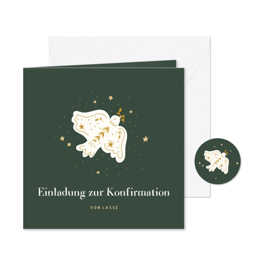 Einladung zur Konfirmation dunkelgrün mit Friedenstaube  - Karteneindruck
