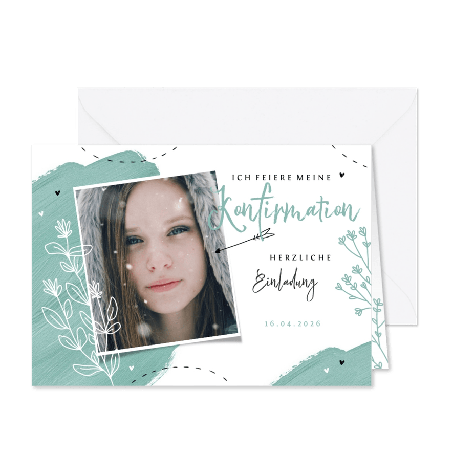 Einladung zur Konfirmation Farbkleckse, Foto und Blumen - Karteneindruck
