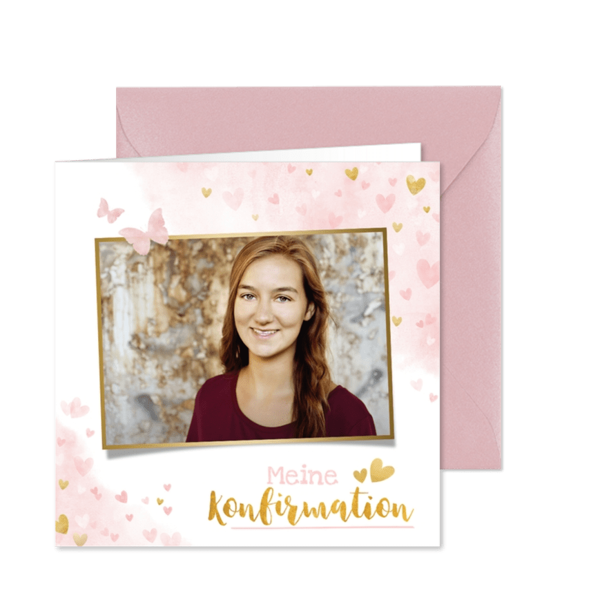 Einladung zur Konfirmation Foto, Aquarell & Herzen - Karteneindruck
