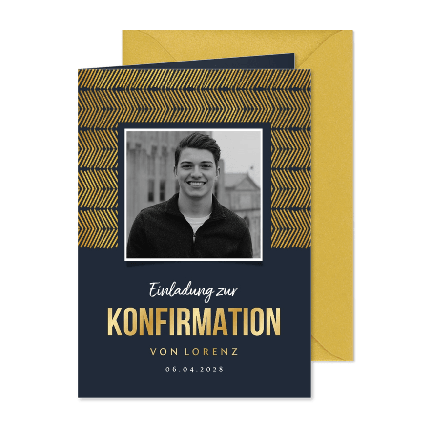 Einladung zur Konfirmation Foto Goldlook grafisch - Karteneindruck
