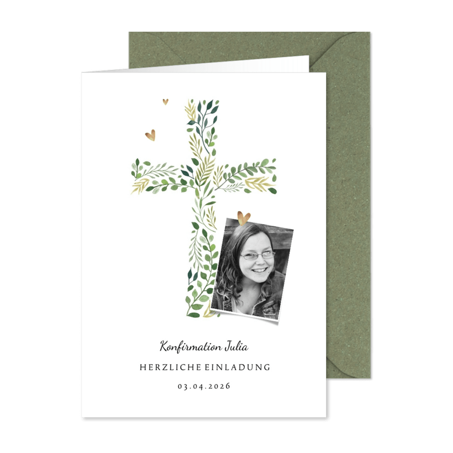 Einladung zur Konfirmation Foto und botanisches Kreuz - Karteneindruck

