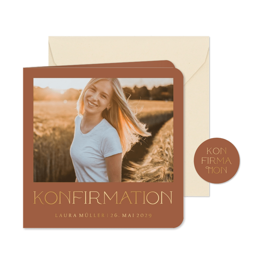 Einladung zur Konfirmation Foto und goldene Schrift - Karteneindruck
