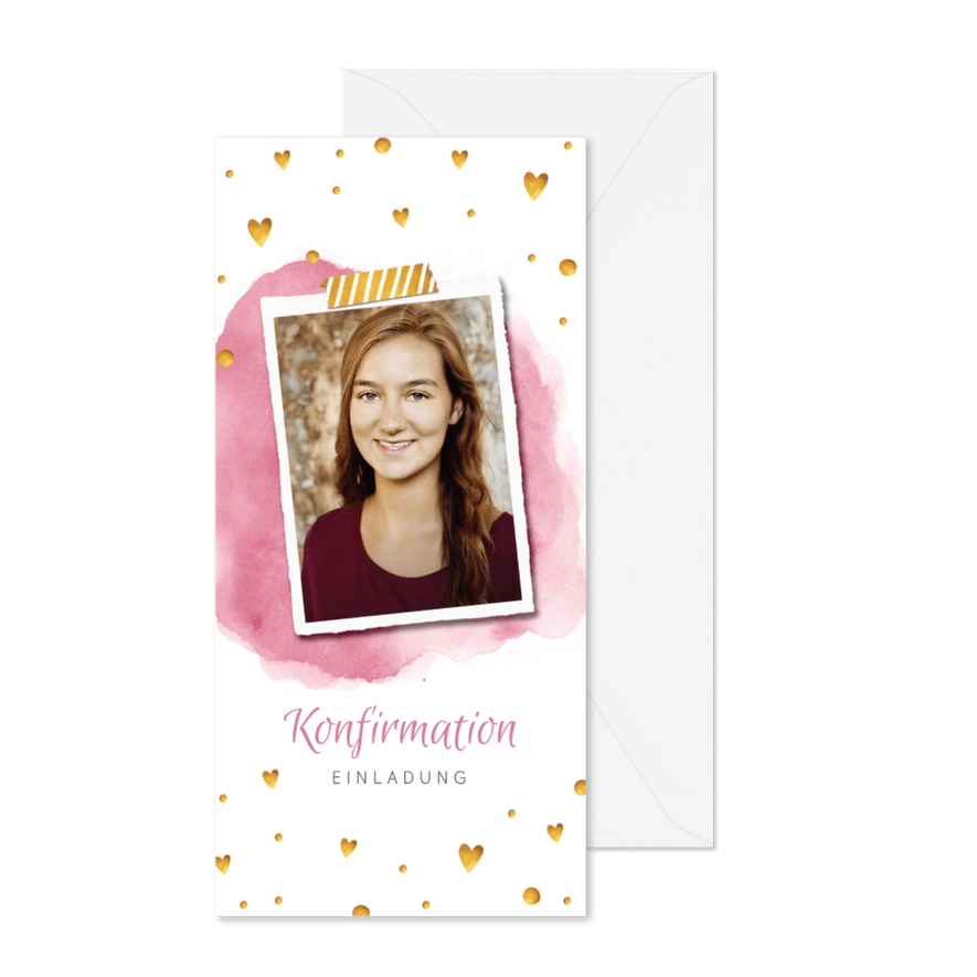 Einladung zur Konfirmation Foto und Herzen - Karteneindruck
