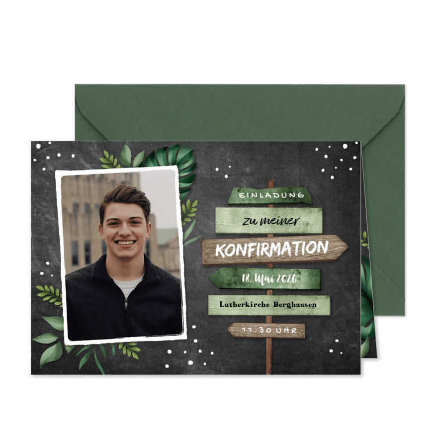 Einladung zur Konfirmation Foto Wegweiser botanisch - Karteneindruck

