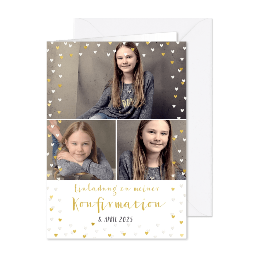 Einladung zur Konfirmation Fotocollage mit Herzen - Karteneindruck