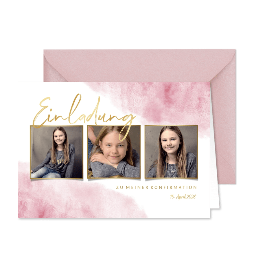 Einladung zur Konfirmation Fotos, Goldlook & Wasserfarbe - Karteneindruck
