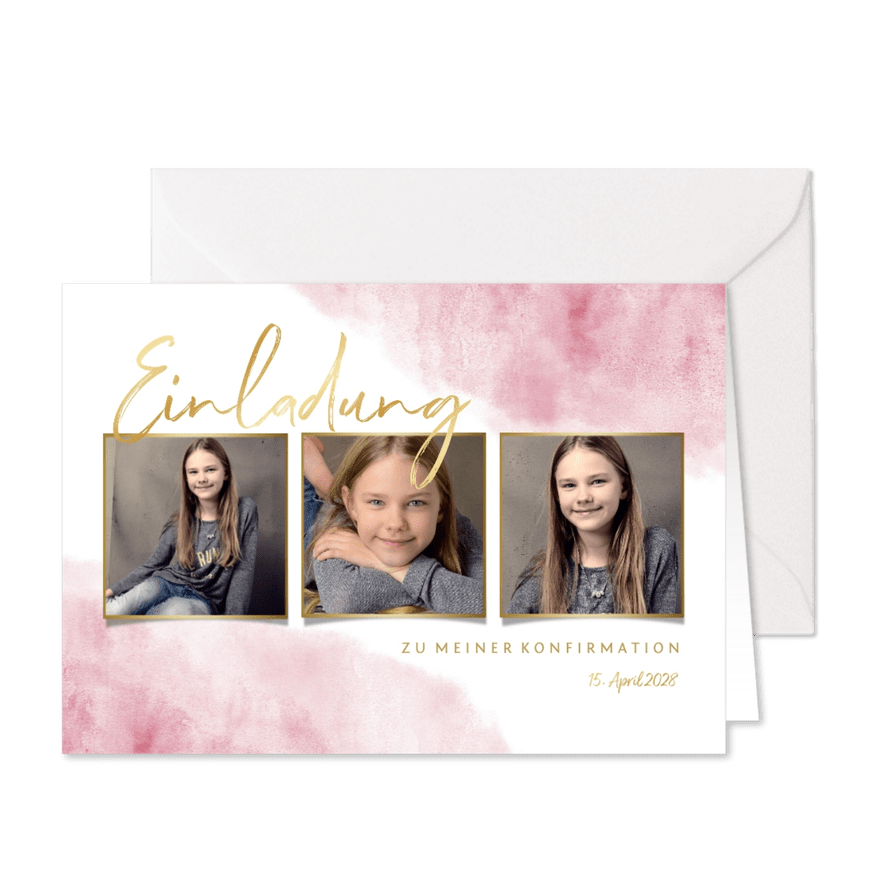 Einladung zur Konfirmation Fotos, Goldlook & Wasserfarbe - Karteneindruck
