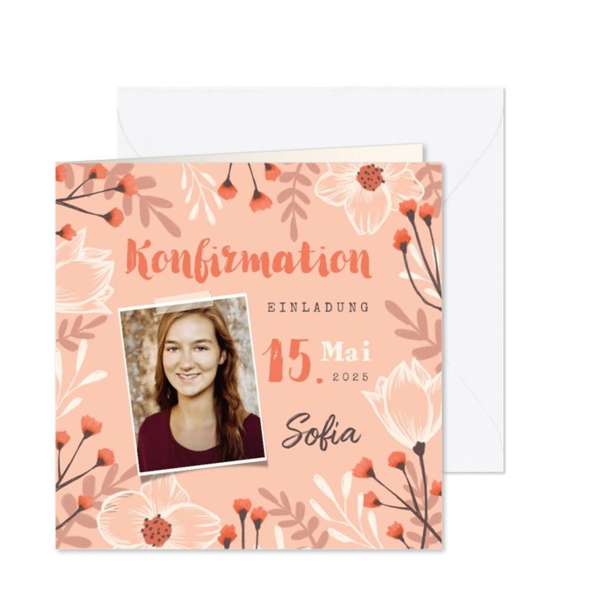 Einladung zur Konfirmation Frühlingsblumen & Foto - Karteneindruck