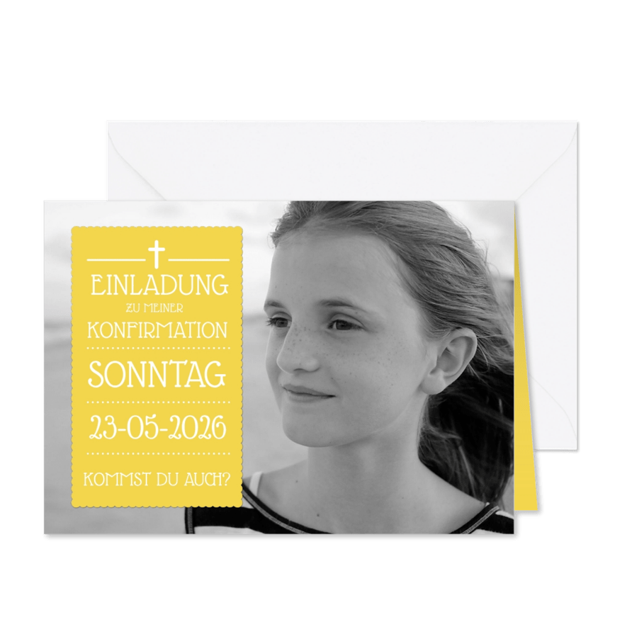 Einladung zur Konfirmation gelb großes Foto - Karteneindruck
