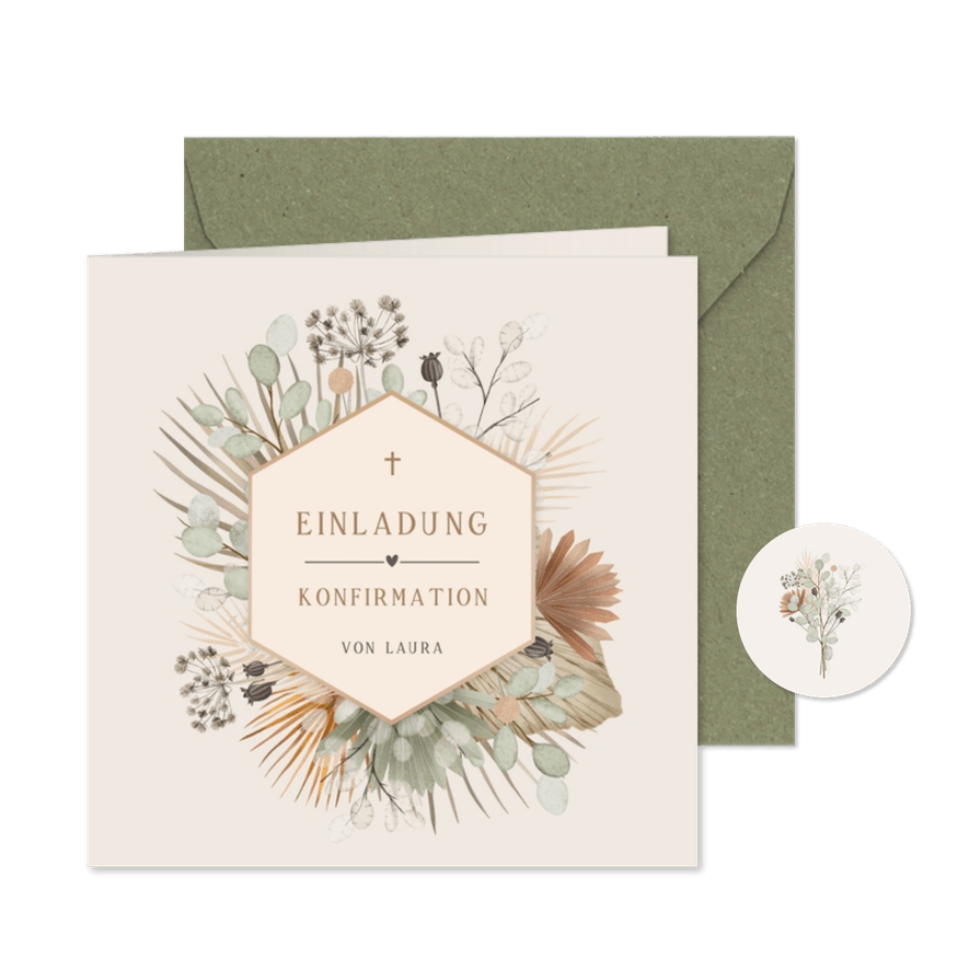 Einladung zur Konfirmation Gesteck aus Trockenblumen - Kartenvorschau