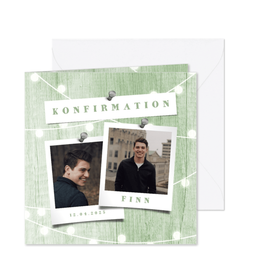 Einladung zur Konfirmation Holzlook und zwei Fotos - Karteneindruck
