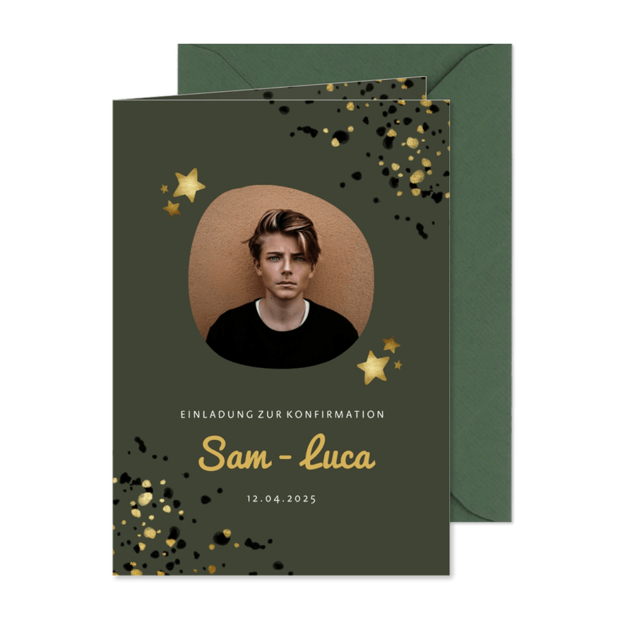 Einladung zur Konfirmation mit Foto und Sternen - Karteneindruck