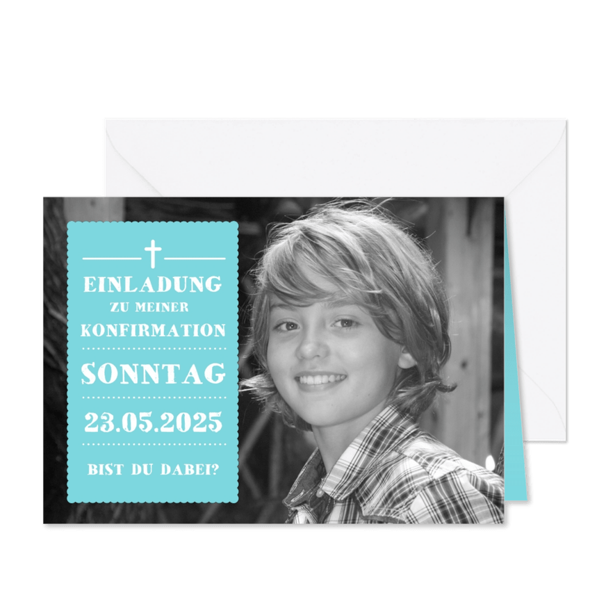 Einladung zur Konfirmation türkis großes Foto - Karteneindruck