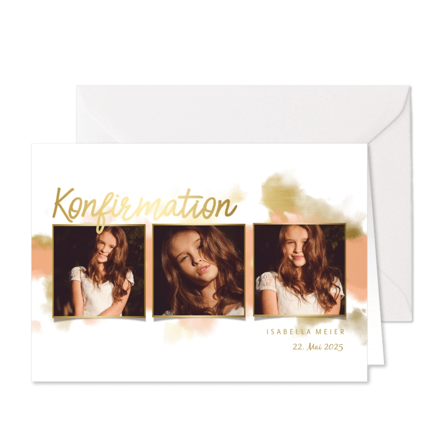 Einladung zur Konfirmationsfeier Fotocollage Goldlook - Karteneindruck
