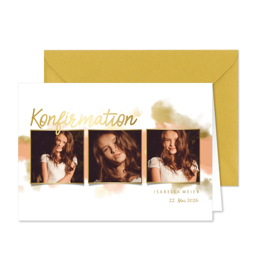 Einladung zur Konfirmationsfeier Fotocollage Goldlook - Kartenvorschau
