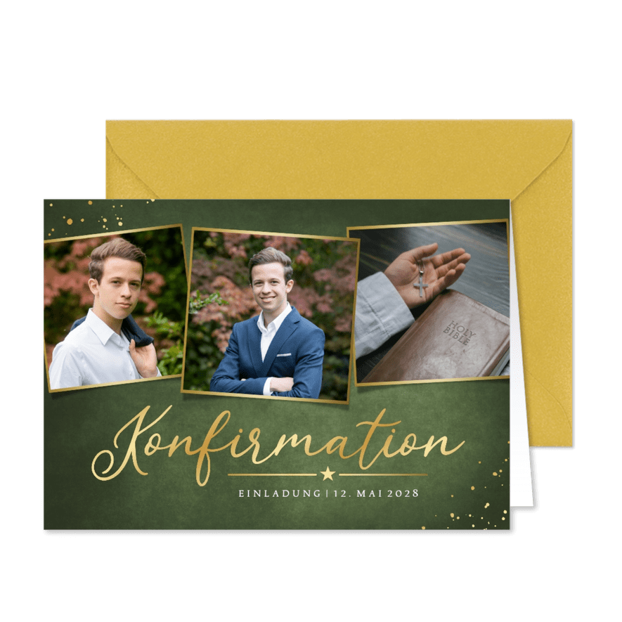 Einladung zur Konfirmationsfeier klassisch in Goldlook - Kartenvorschau
