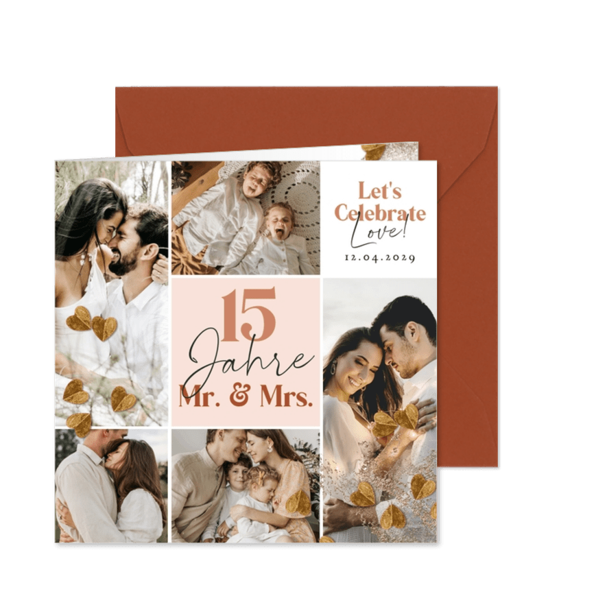 Einladung zur Kristallhochzeit Fotocollage Herzen - Karteneindruck