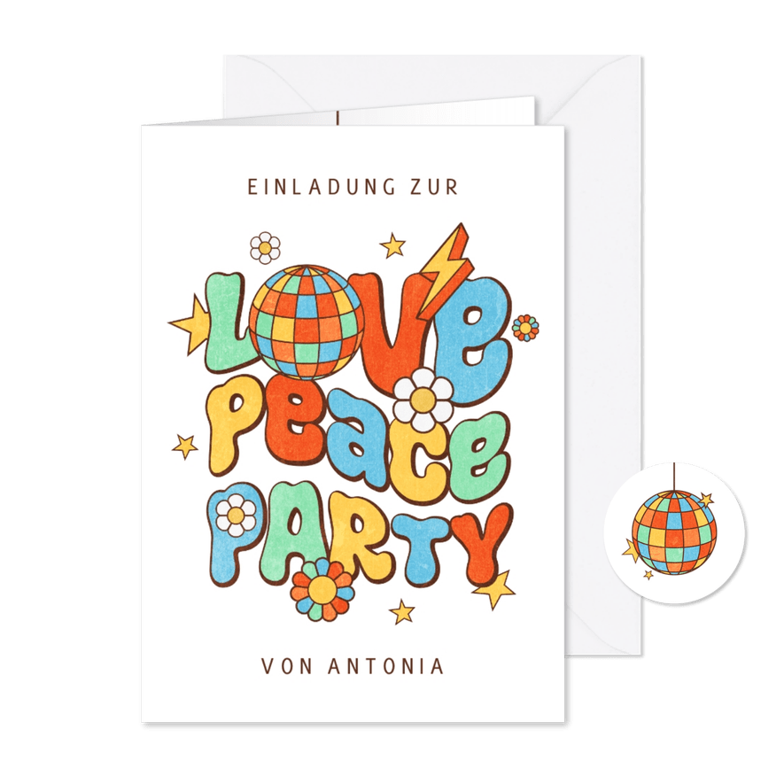 Einladung zur 'Love & Peace-Party' - Karteneindruck
