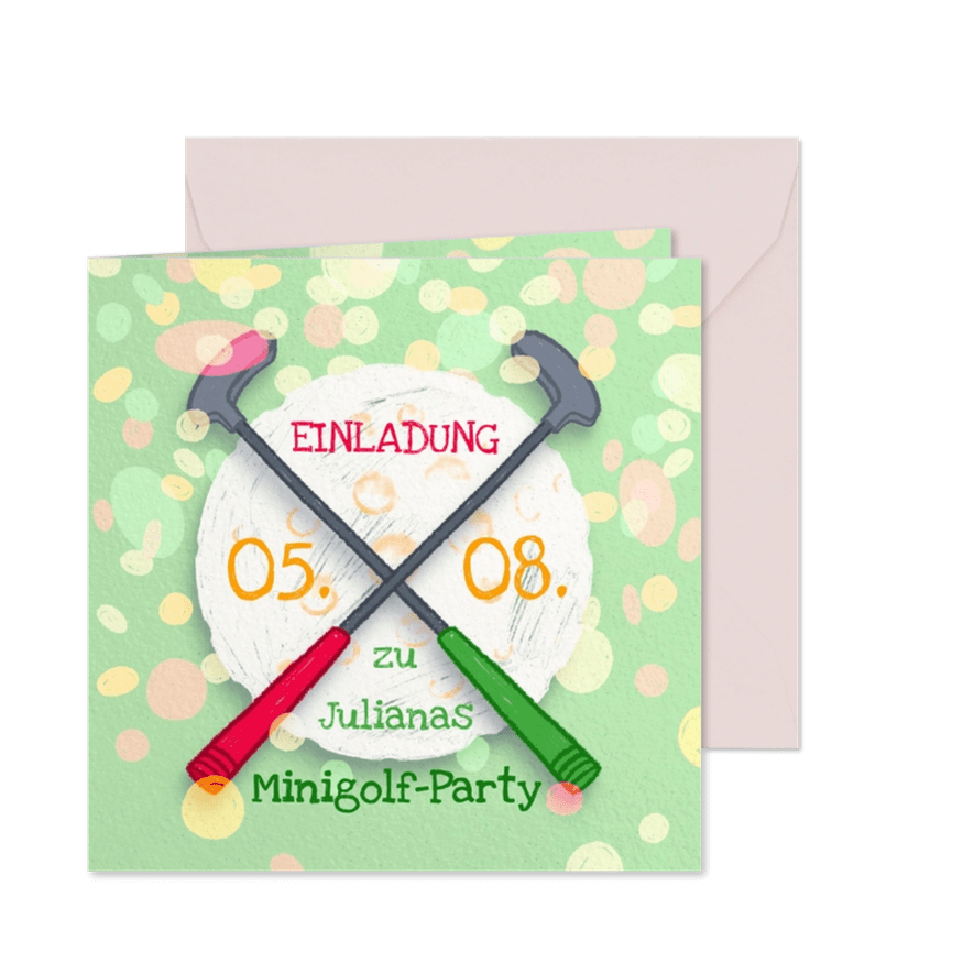 Einladung zur Minigolf-Party - Schläger und Ball 10 Jahre - Karteneindruck
