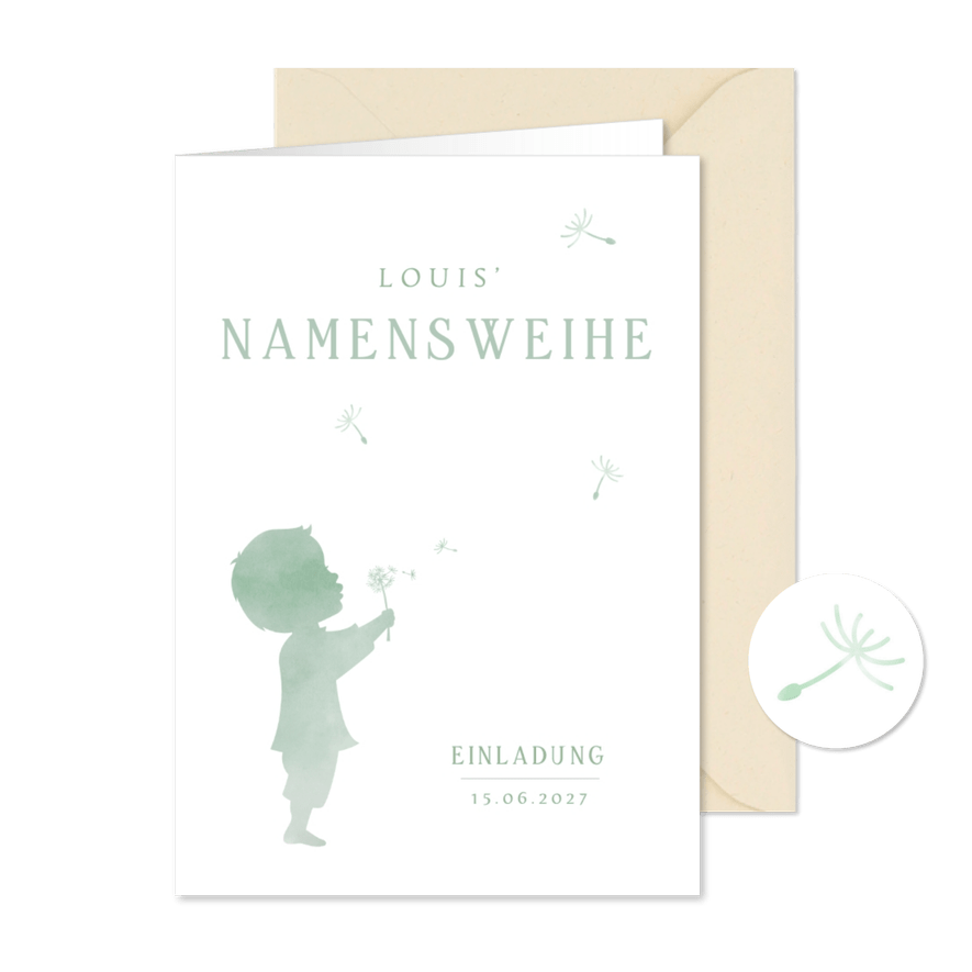 Einladung zur Namensweihe Junge mit Pusteblume - Karteneindruck