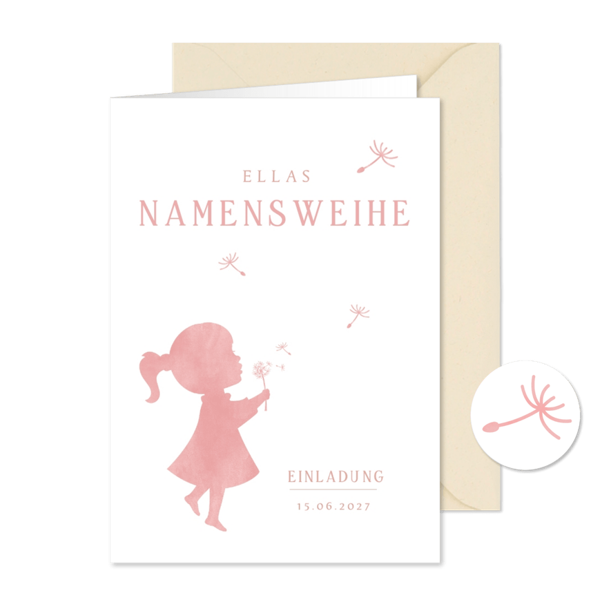 Einladung zur Namensweihe Mädchen mit Pusteblume - Karteneindruck
