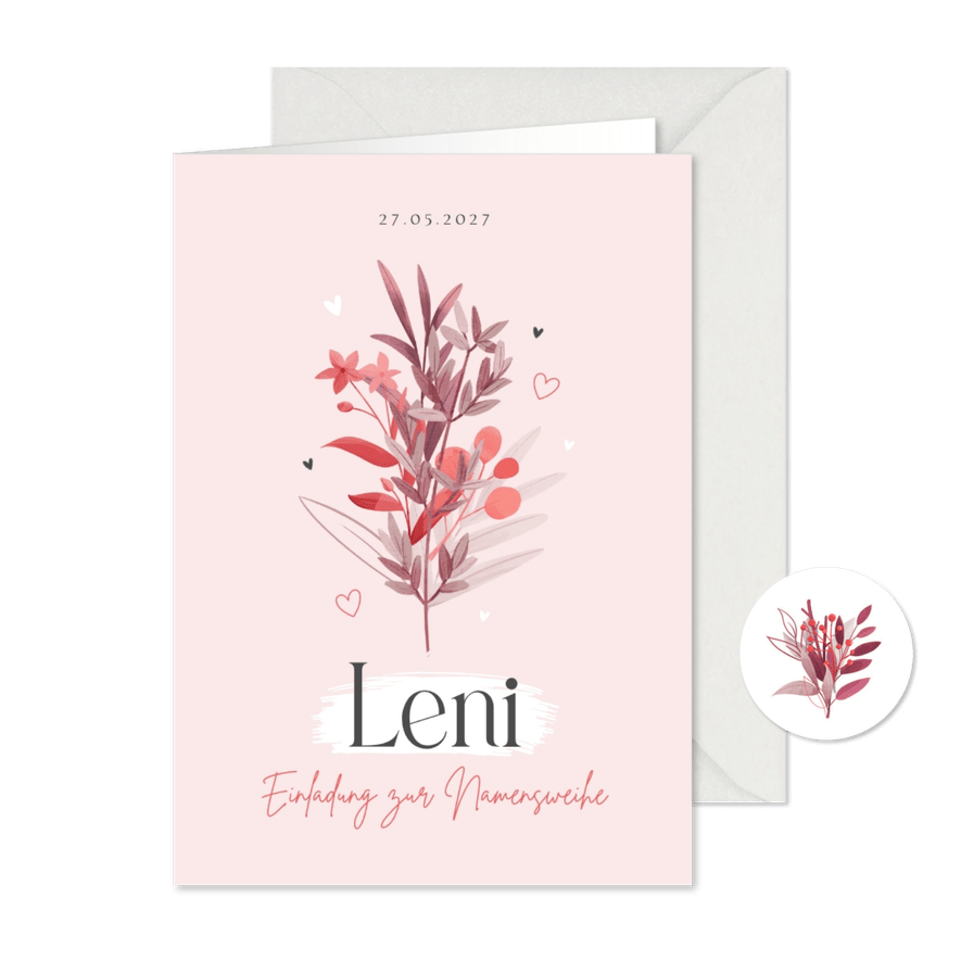 Einladung zur Namensweihe rosa Blumen - Karteneindruck
