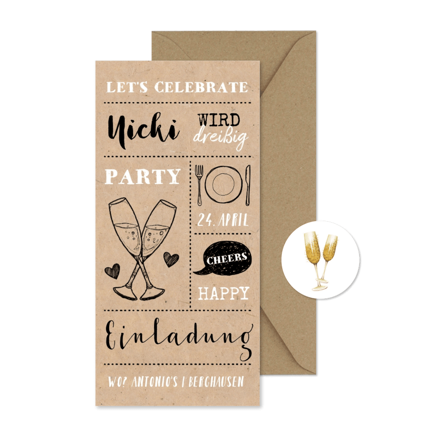 Einladung zur Party Kraftpapier und Sektgläser - Karteneindruck