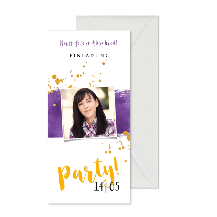 Einladung zur Party lila Farbe mit Foto - Karteneindruck