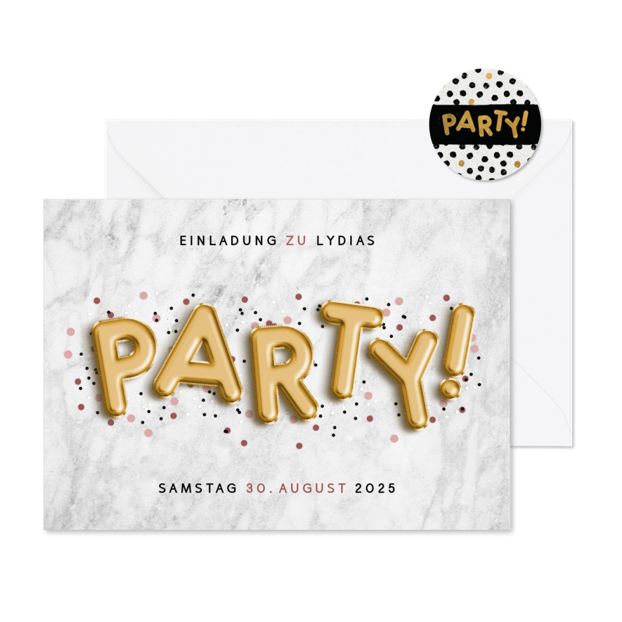 Einladung zur Party Marmor und goldene Folienballons - Karteneindruck
