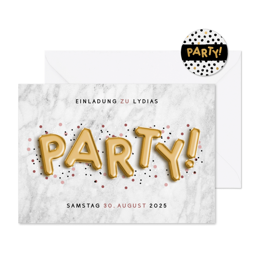 Einladung zur Party Marmor und goldene Folienballons - Karteneindruck