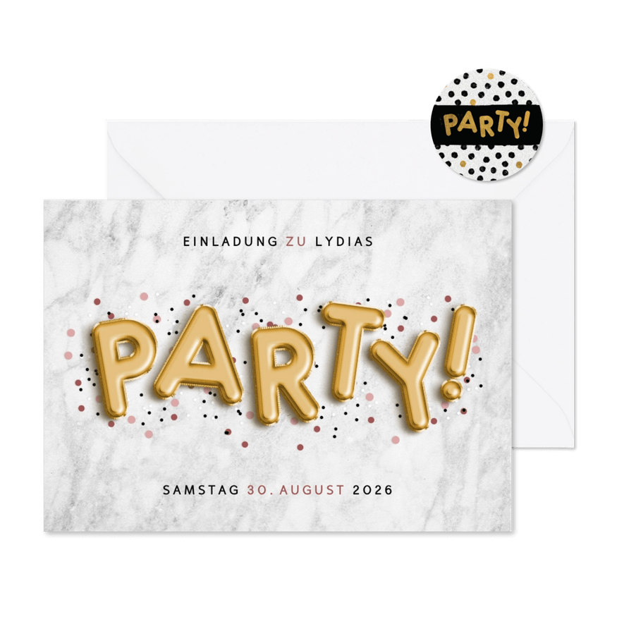 Einladung zur Party Marmor und goldene Folienballons - Karteneindruck
