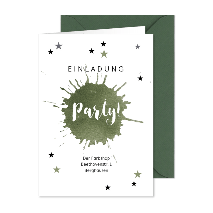 Einladung zur Party mit olivgrünem Farbklecks  - Karteneindruck
