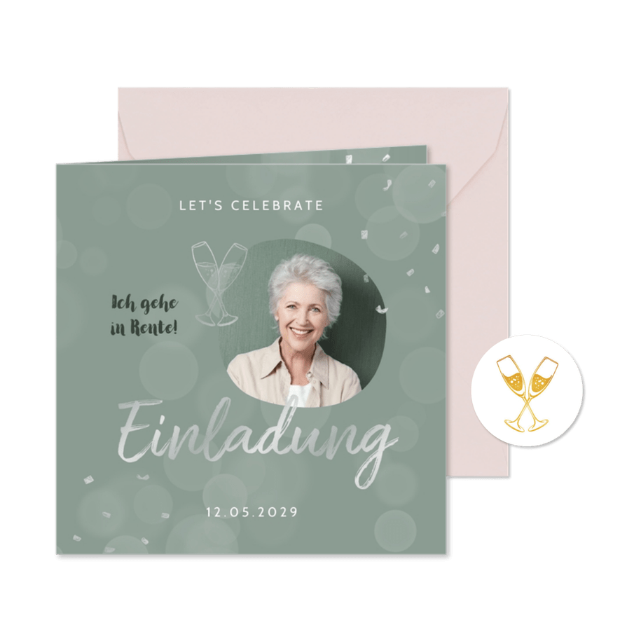 Einladung zur Pensionsfeier Konfetti und Foto - Karteneindruck
