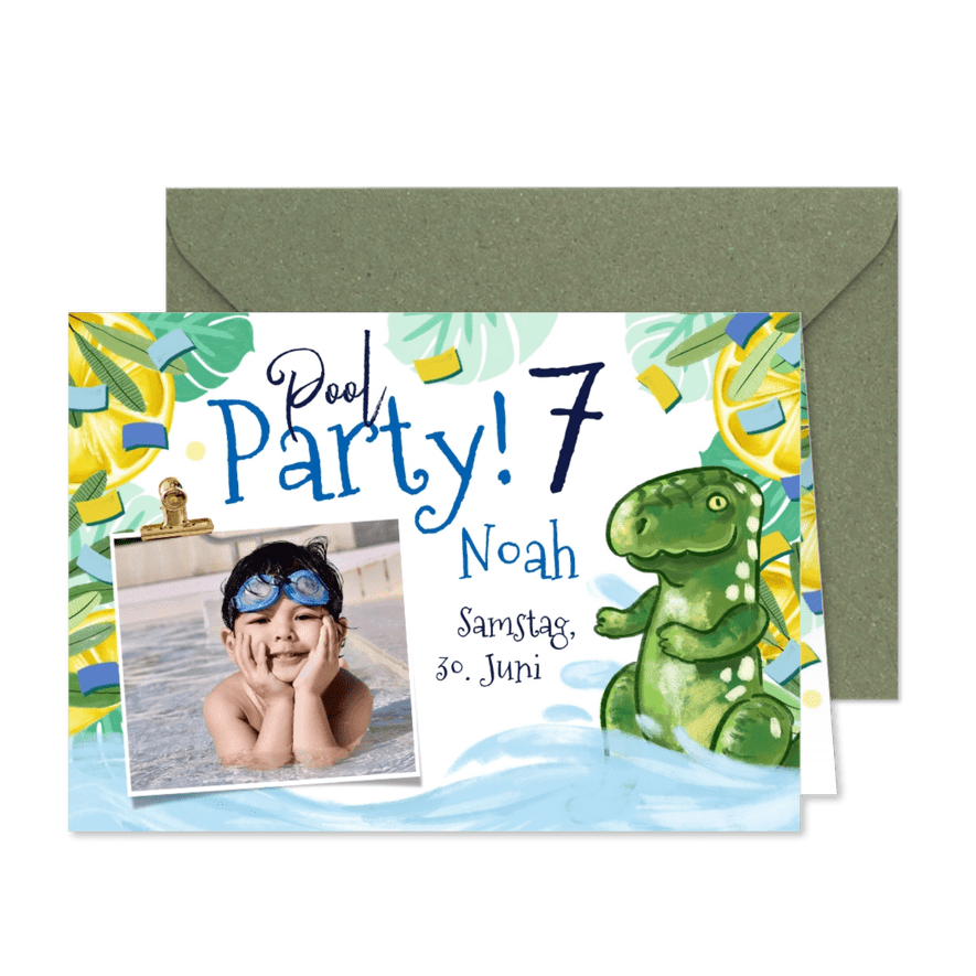 Einladung zur Poolparty 7. Kindergeburtstag Sommer - Karteneindruck
