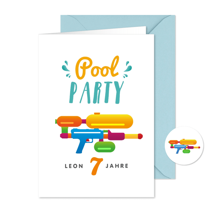 Einladung zur Poolparty mit Wasserpistole 7. Geburtstag - Karteneindruck
