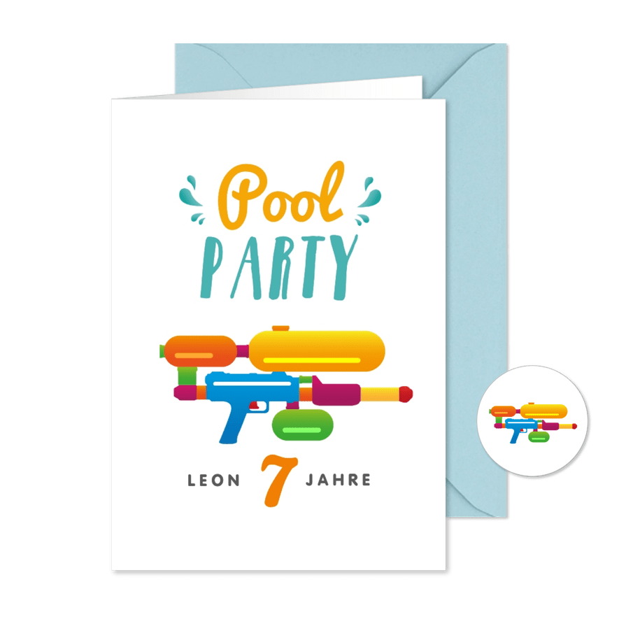 Einladung zur Poolparty mit Wasserpistole 7. Geburtstag - Karteneindruck