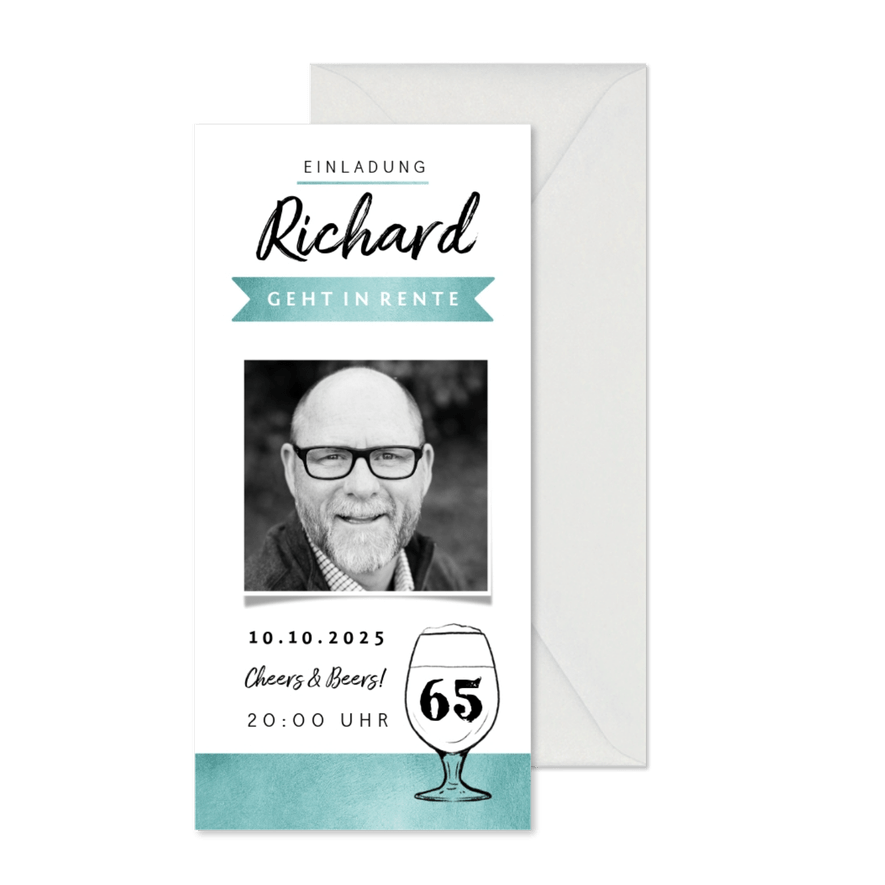Einladung zur Rentnerfeier mit Foto Cheers & Beers - Karteneindruck
