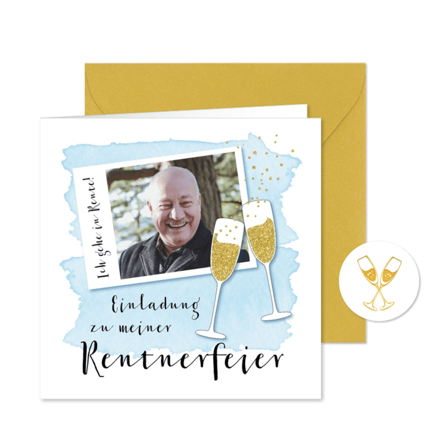 Einladung zur Rentnerfeier mit Foto und Sektgläsern - Karteneindruck
