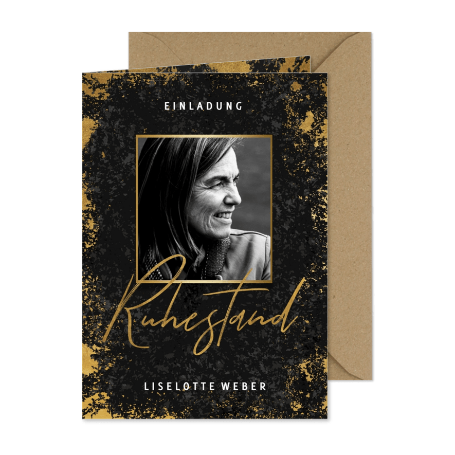 Einladung zur Rentnerfeier schwarz gold mit Foto - Karteneindruck
