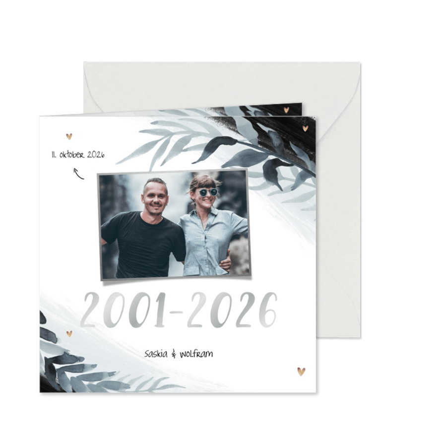 Einladung zur Silberhochzeit botanisch schwarz mit Foto - Kartenvorschau