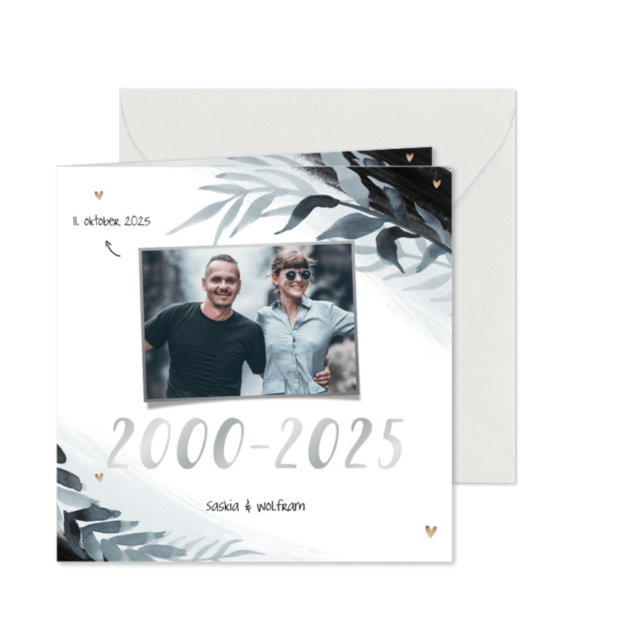 Einladung zur Silberhochzeit botanisch schwarz mit Foto - Karteneindruck