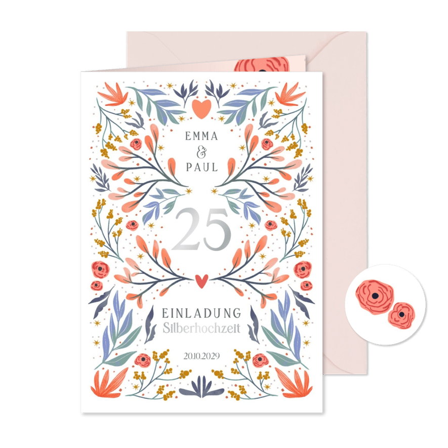 Einladung zur Silberhochzeit mit Blumen-Dekor - Karteneindruck
