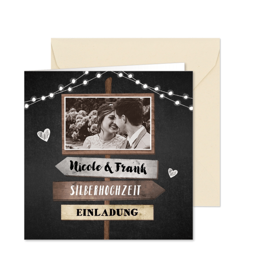 Einladung zur Silberhochzeit Schilder und Foto schwarz - Kartenvorschau
